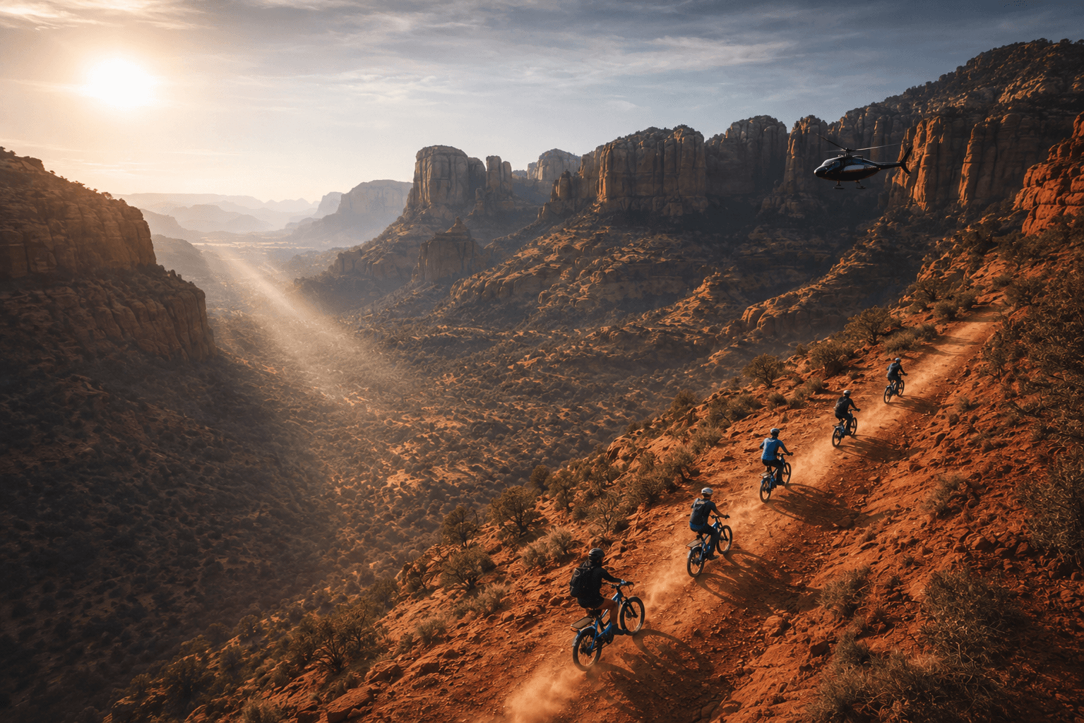 Group biking through a red rock canyon at sunset